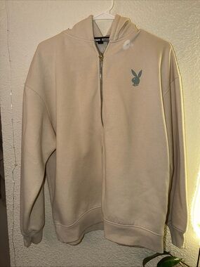 PLAYBOY Beige Zip-Up Hoodie with Small Logo